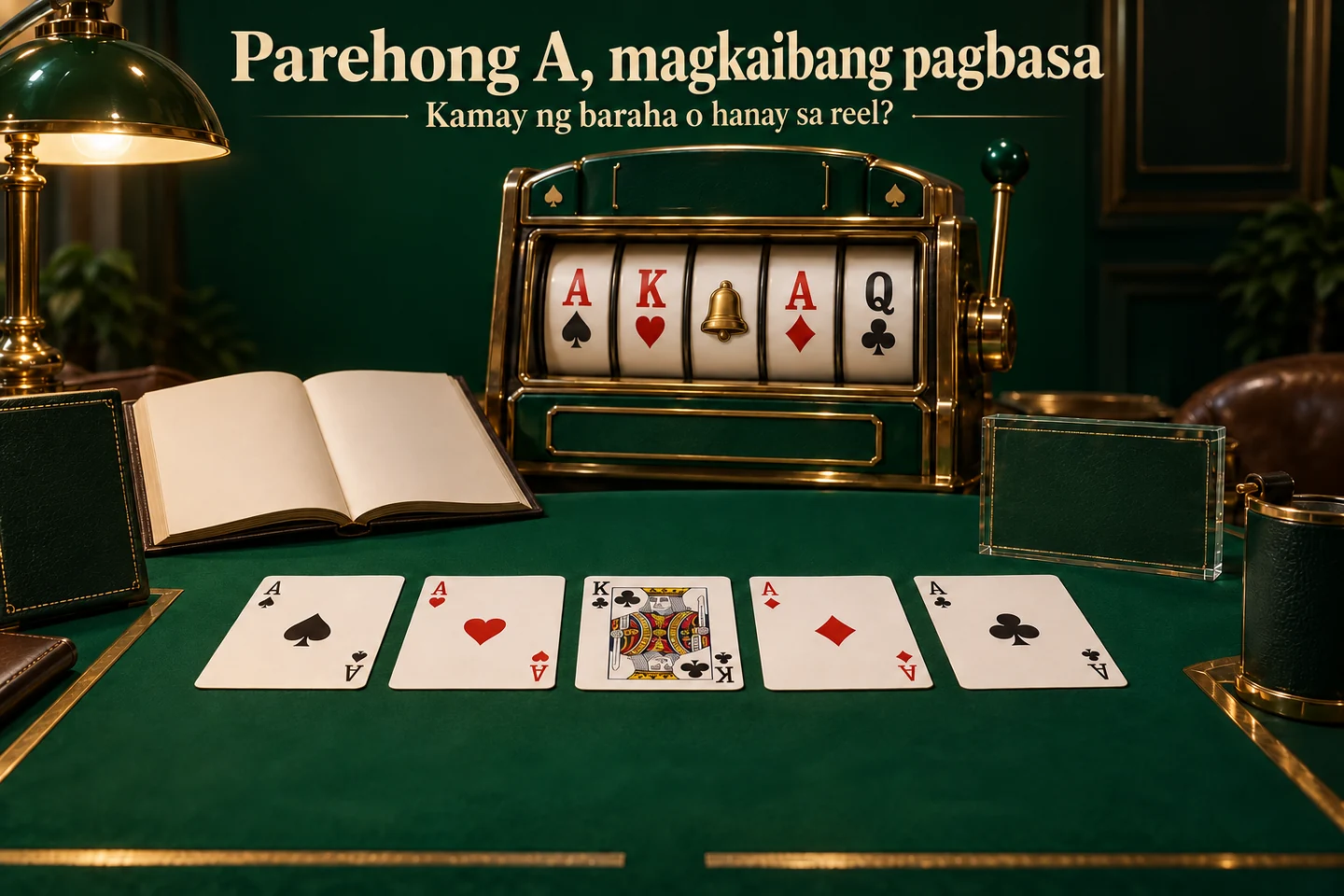 Five cards and separate slot reels to compare poker hands and read symbols in fixed positions.