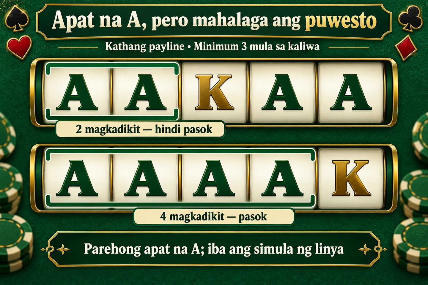 Fictional payline: AAKAA has 2 contiguous A's from the left; AAAAK has 4. Minimum 3 is the assumed rule.