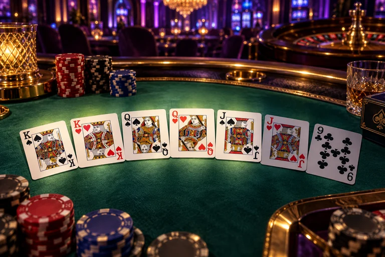 Seven face-up poker cards K, K, Q, Q, J, J and 9 on a casino table, with the best five highlighted.