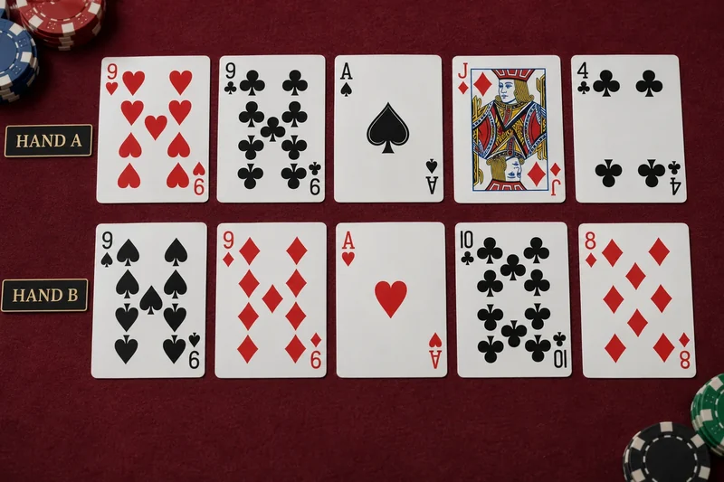 Two five-card hands with a pair of nines and Ace kickers; Jack versus ten is the first difference.