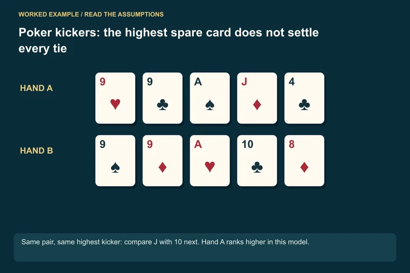 First compare the pairs: Nine pair = nine pair; Then compare kickers in order: Ace = Ace; Jack beats Ten; Stop at the first difference: A lower later card cannot reverse the result