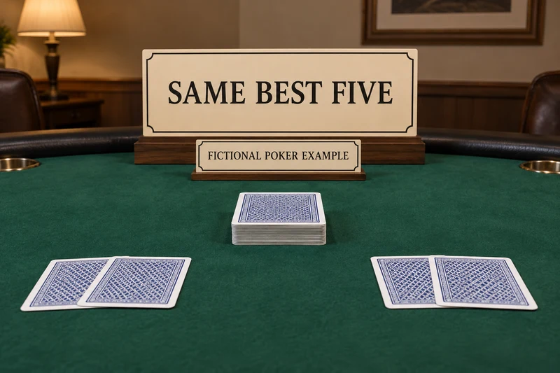 Poker felt with a face-down card deck beside a plaque labelled SAME BEST FIVE