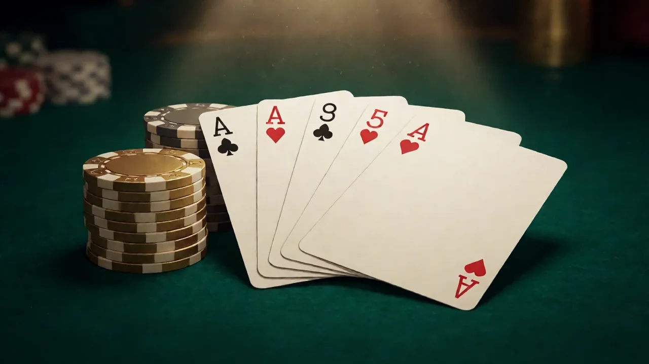Five playing cards fanned on dark green felt beside a stack of gold and ivory poker chips under a warm spotlight