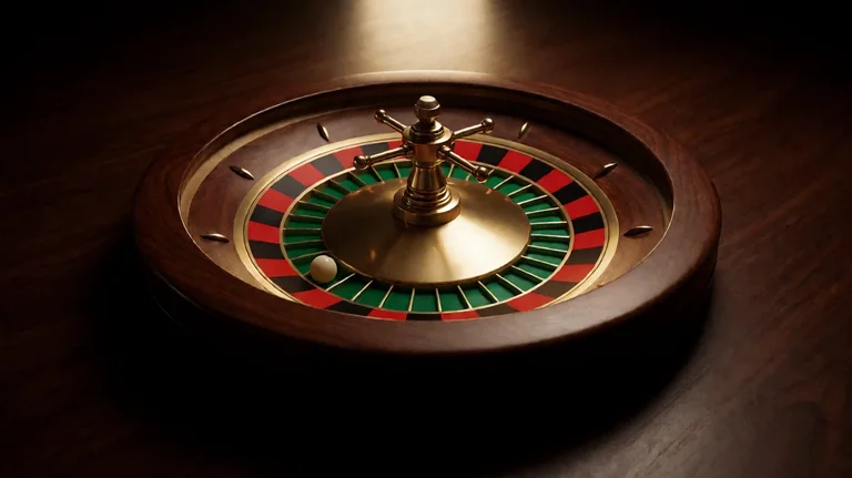 Roulette wheel on a dark polished wooden table with a small white ball in a green pocket, brass rim and gold accents under a warm spotlight