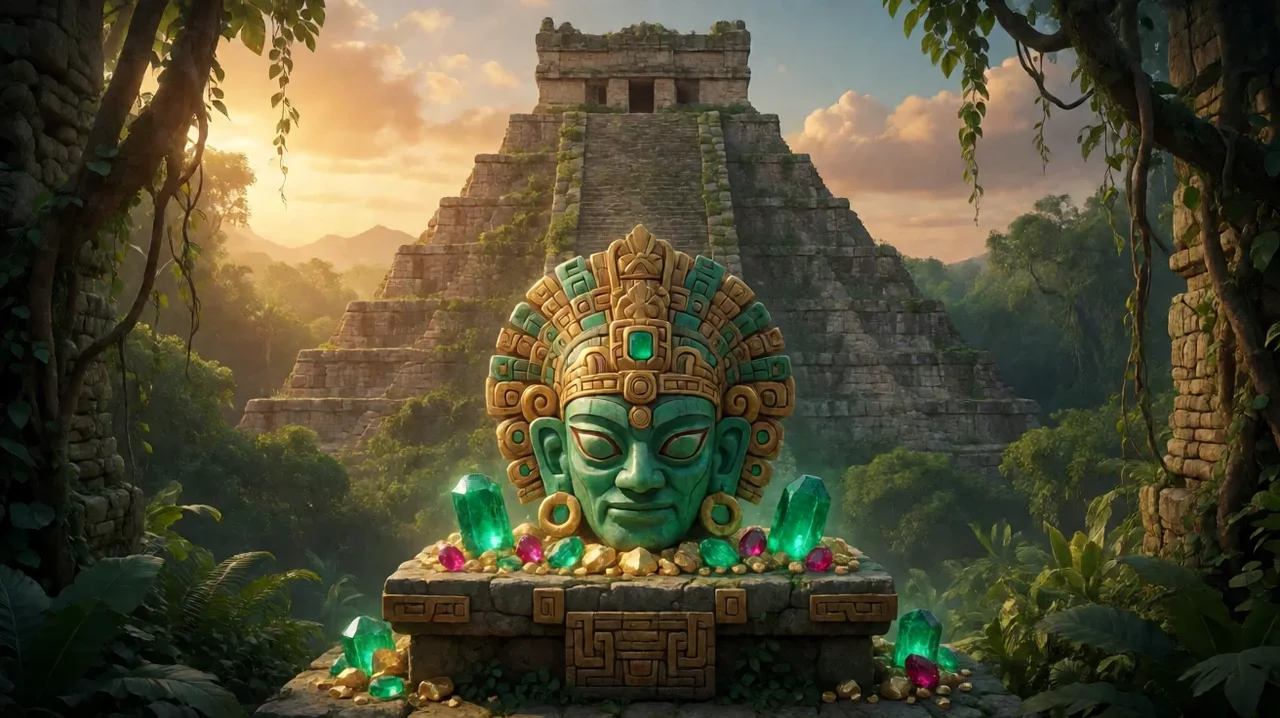 A jade and gold ceremonial mask on a stone altar surrounded by emeralds, rubies and gold nuggets, in front of a stepped jungle pyramid at golden hour