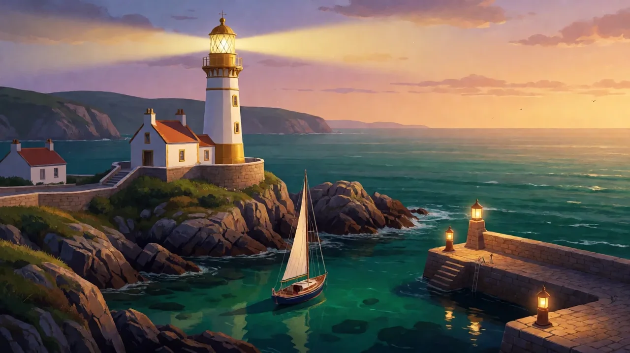 A white and gold lighthouse on a rocky headland at dusk shining over an emerald sea, with a small sailboat moored safely in a cove beside a lantern-lit stone pier