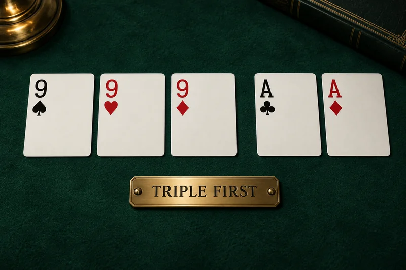Five teaching cards form three nines and two Aces beside a Triple First marker.